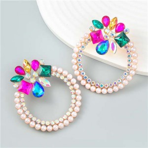 Rhinestone Floral Round Exaggerated Pearl Wholesale Hoop Ear Studs - Multicolor