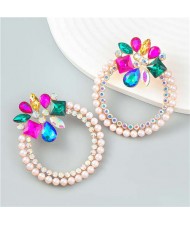 Rhinestone Floral Round Exaggerated Pearl Wholesale Hoop Ear Studs - Multicolor