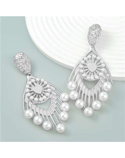 Vintage Style Fan Shape Artistic Design Pearl Decorated Wholesale Earrings - Silver