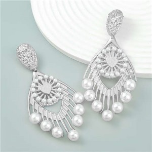 Vintage Style Fan Shape Artistic Design Pearl Decorated Wholesale Earrings - Silver