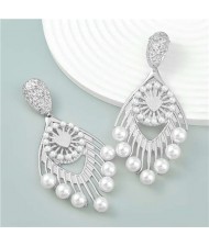 Vintage Style Fan Shape Artistic Design Pearl Decorated Wholesale Earrings - Silver