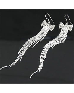 Korean Bowknot Fashion Long Tassels Earrings - Silver