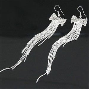 Korean Bowknot Fashion Long Tassels Earrings - Silver