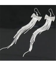 Korean Bowknot Fashion Long Tassels Earrings - Silver