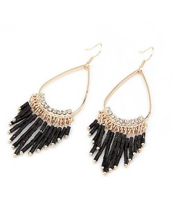 Black Beads Oval-shaped Hoop Earrings