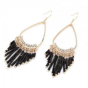Black Beads Oval-shaped Hoop Earrings
