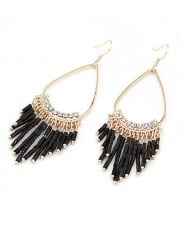 Black Beads Oval-shaped Hoop Earrings