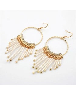 White Beads Oval-shaped Hoop Earrings