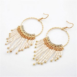 White Tassel Beads Round Shape Hoop Earrings