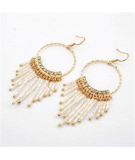 White Tassel Beads Round Shape Hoop Earrings