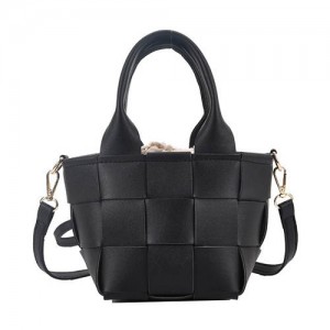 Trendy Braided Split Jointed Design Crossbody Women Bucket Bag - Black