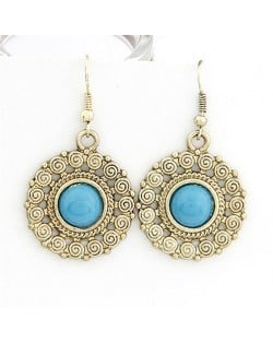 Vintage Blue Gem Embedded Sun Flower Dangling Earrings