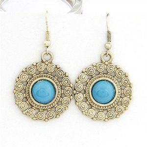 Vintage Blue Gem Embedded Sun Flower Dangling Earrings