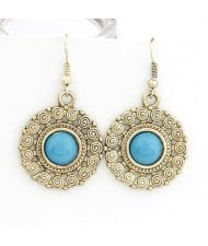 Vintage Blue Gem Embedded Sun Flower Dangling Earrings