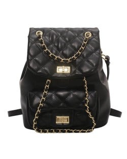 Korean Style Fashion Rhombus Women Chain Backpack - Black