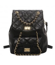 Korean Style Fashion Rhombus Women Chain Backpack - Black