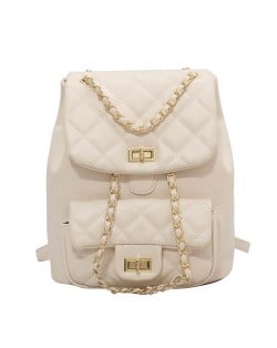 Korean Style Fashion Rhombus Women Chain Backpack - White