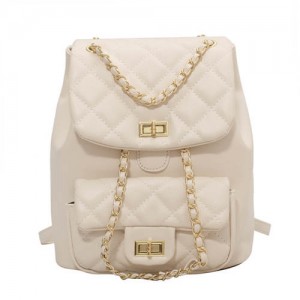 Korean Style Fashion Rhombus Women Chain Backpack - White