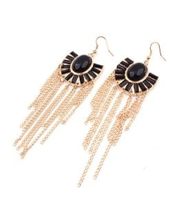 Black Gems Inlaid Floral Style Tassels Fashion Earrings
