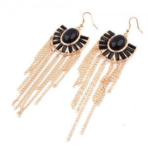 Black Gems Inlaid Floral Style Tassels Fashion Earrings
