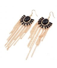 Black Gems Inlaid Floral Style Tassels Fashion Earrings