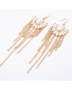 White Gems Inlaid Floral Style Tassels Fashion Earrings