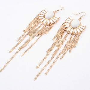 White Gems Inlaid Floral Style Tassels Fashion Earrings