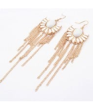 White Gems Inlaid Floral Style Tassels Fashion Earrings