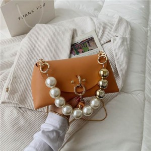 Elegant Big Pearl Chain Handle Three-dimensional Fairlady Fashion Mini Hangbag - Orange