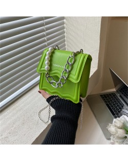 Alloy and Pearl Chain Handle Mini Square Women Handbag - Green