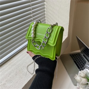 Alloy and Pearl Chain Handle Mini Square Women Handbag - Green