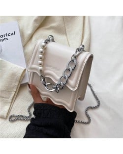 Alloy and Pearl Chain Handle Mini Square Women Handbag - White