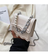 Alloy and Pearl Chain Handle Mini Square Women Handbag - White