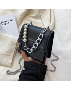 Alloy and Pearl Chain Handle Mini Square Women Handbag - Black