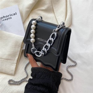 Alloy and Pearl Chain Handle Mini Square Women Handbag - Black