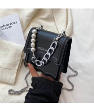 Alloy and Pearl Chain Handle Mini Square Women Handbag - Black