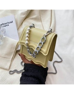 Alloy and Pearl Chain Handle Mini Square Women Handbag - Yellow