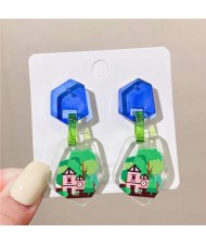 Green Woods and House Comic Doodle Style Irregular Shape Women Dangle Earrings