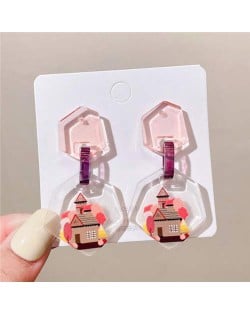 Red Woods and House British Doodle Style Irregular Shape Women Dangle Earrings