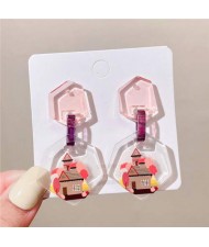 Red Woods and House British Doodle Style Irregular Shape Women Dangle Earrings