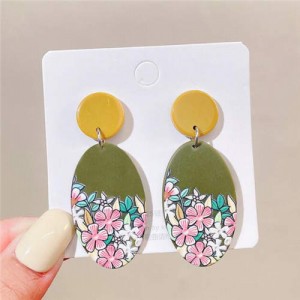 Comic Flower Bush Oval Shape Women Acrylic Dangle Earrings