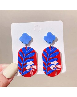 Blue Leaves and Pink Flower Combo Design U.S. High Fashion Women Wholesale Earrings