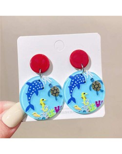 Whale Shark Seahourse and Sea Turtle Comic Doodle Fashion Round Acrylic Wholesale Earrings