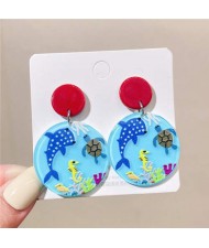 Whale Shark Seahourse and Sea Turtle Comic Doodle Fashion Round Acrylic Wholesale Earrings