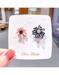 Korean Style Contrast Color Daisy Design Women Stud Earrings - Pink and Dark Blue
