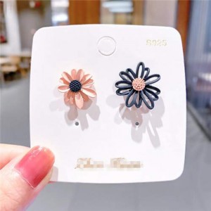 Korean Style Contrast Color Daisy Design Women Stud Earrings - Pink and Dark Blue