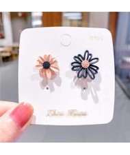 Korean Style Contrast Color Daisy Design Women Stud Earrings - Pink and Dark Blue