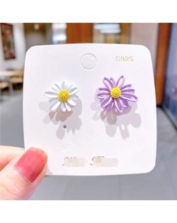 Korean Style Contrast Color Daisy Design Women Stud Earrings - White and Violet