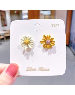 Korean Style Contrast Color Daisy Design Women Stud Earrings - White and Yellow