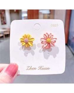 Korean Style Contrast Color Daisy Design Women Stud Earrings - Yellow and Pink